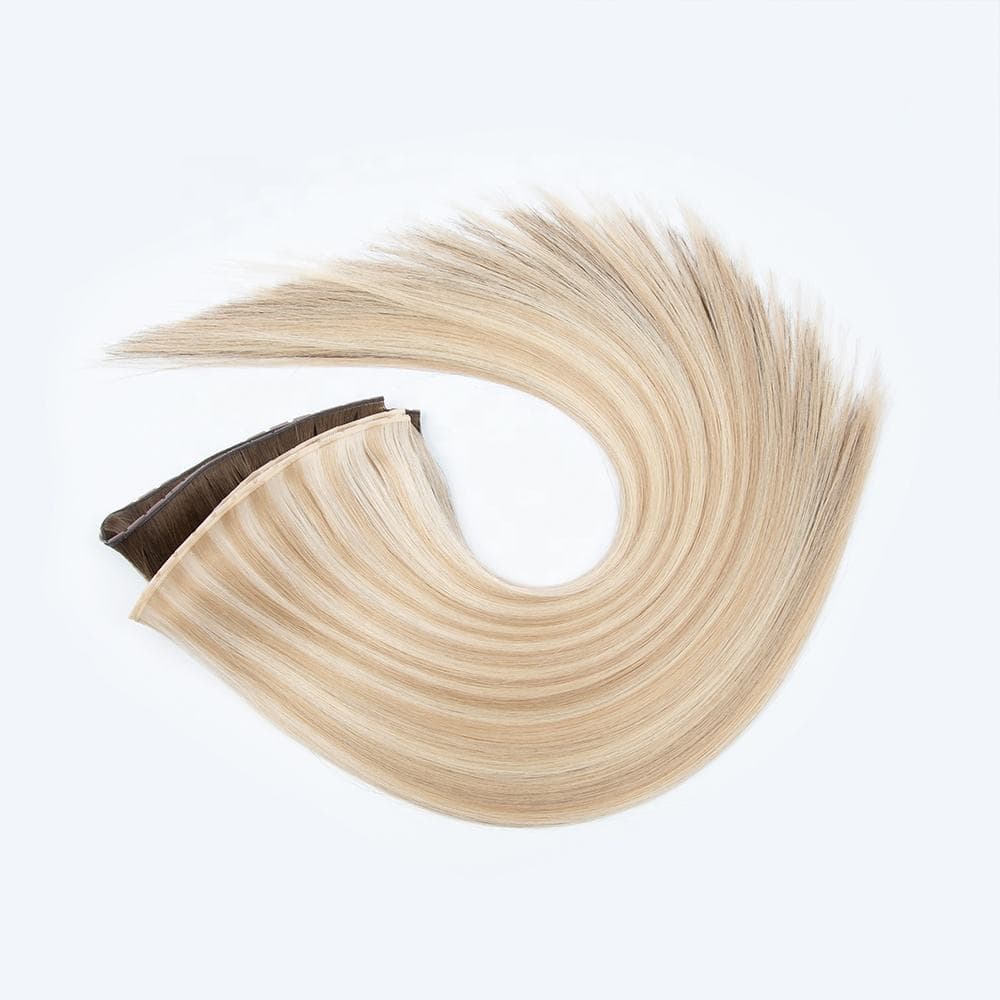 Blonde Butterfly Weft human hair extension in a curved display