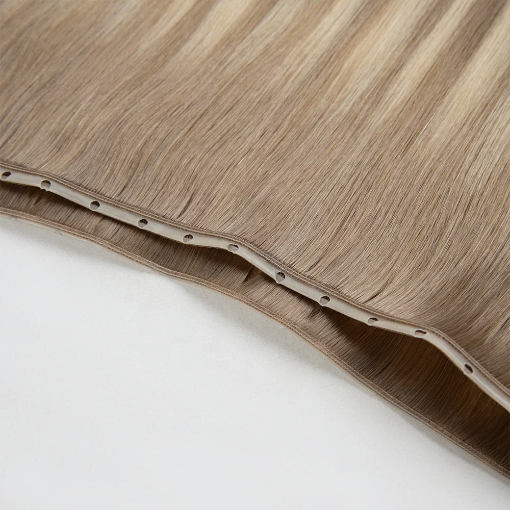 Blonde Butterfly Weft human hair extension seam detail