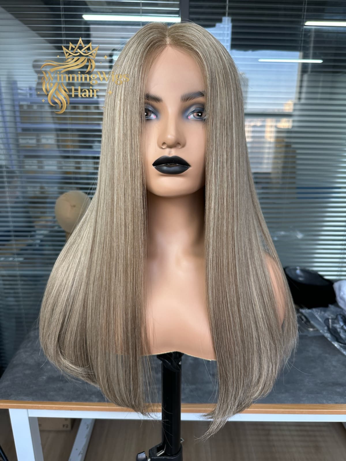 Custom ash blonde long straight human hair wig in front view
