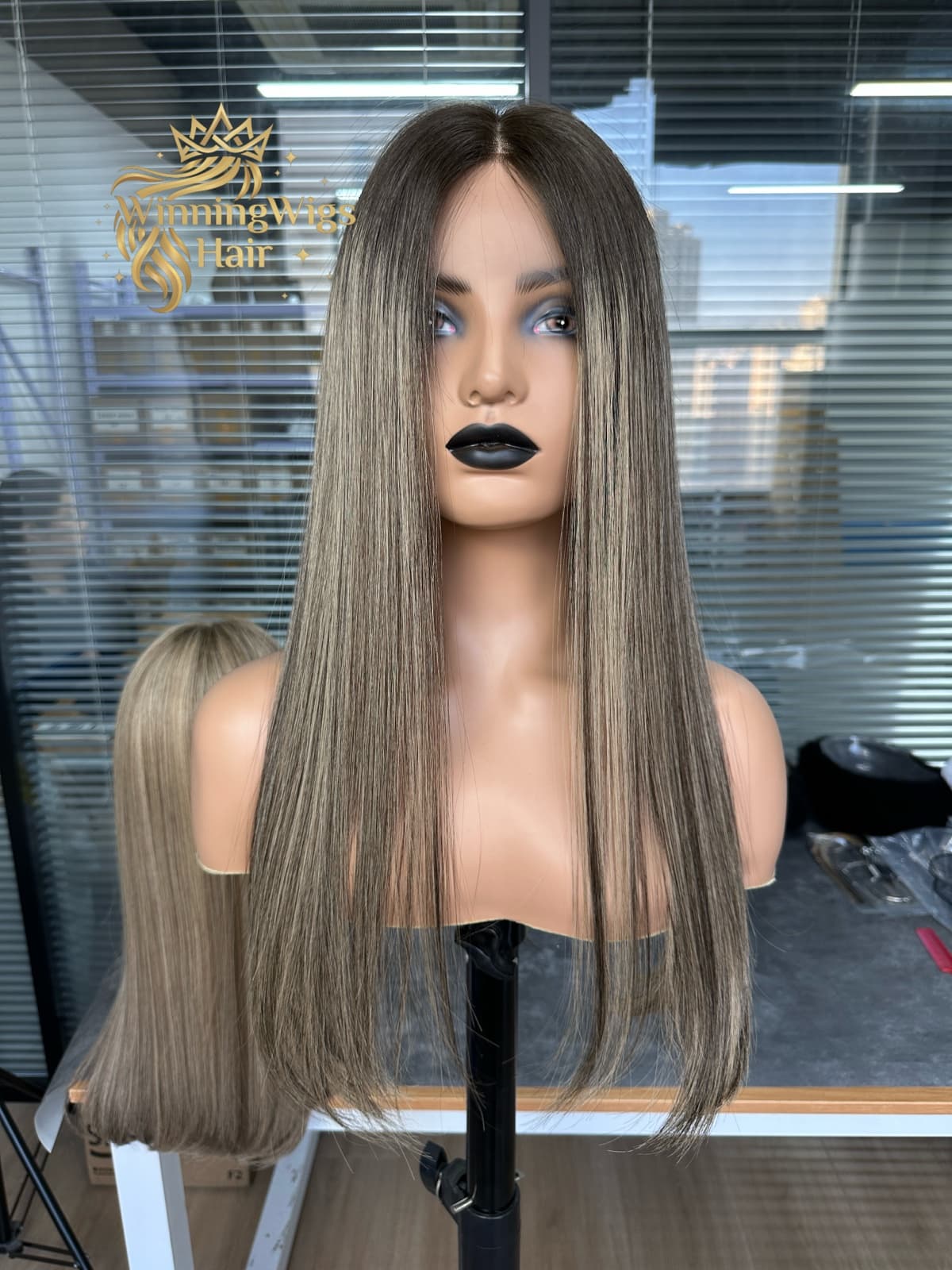 Custom ash brown long straight human hair wig in front view