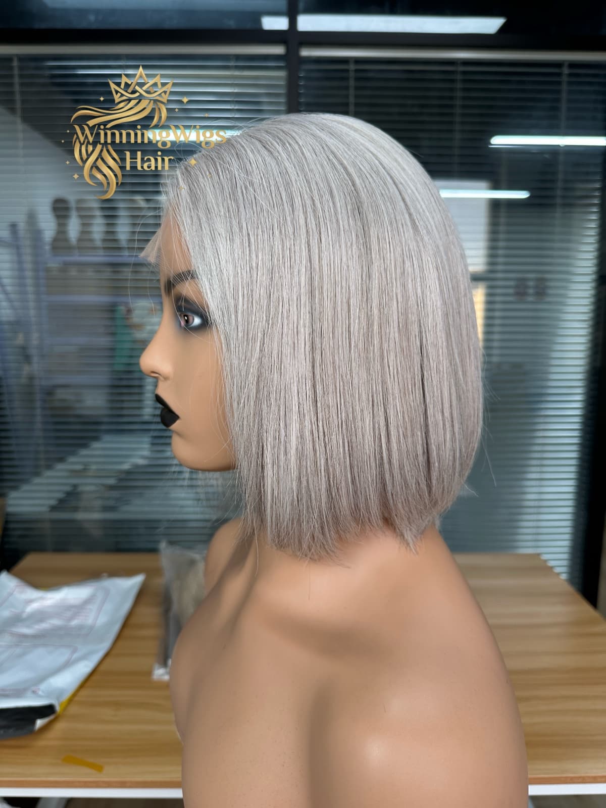 Custom silver grey human hair bob wig in side view