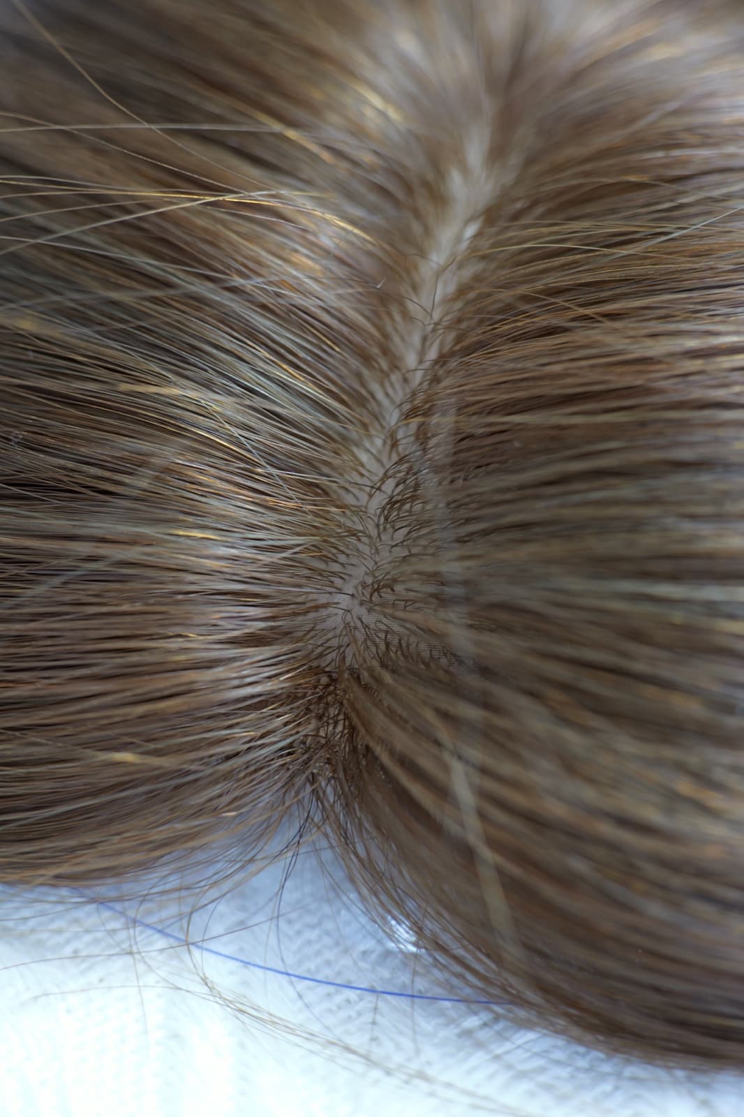 Brown fishnet topper close-up showing the natural-looking centre part detail