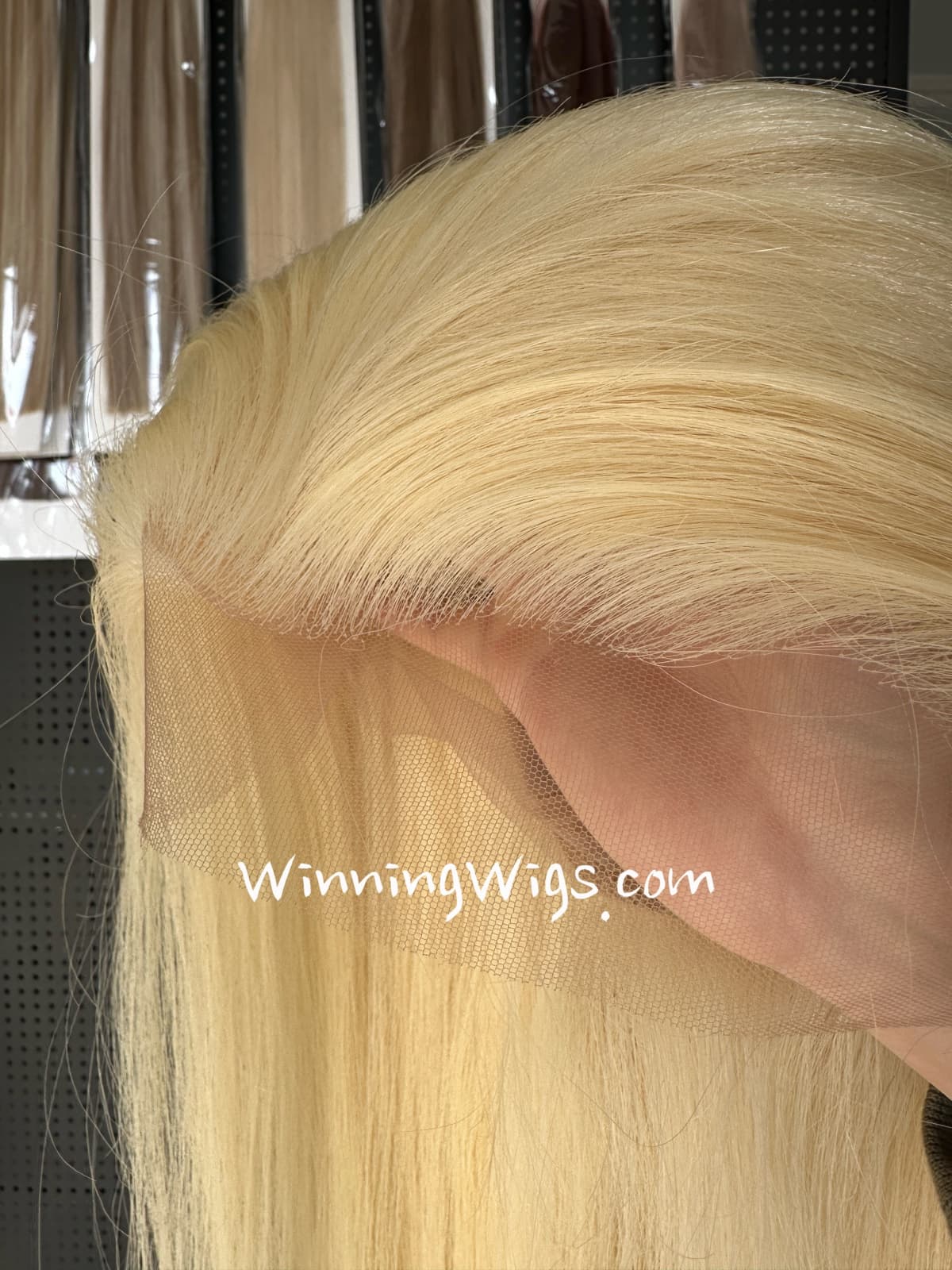 Blonde full lace virgin human hair wig showing the transparent lace front detail
