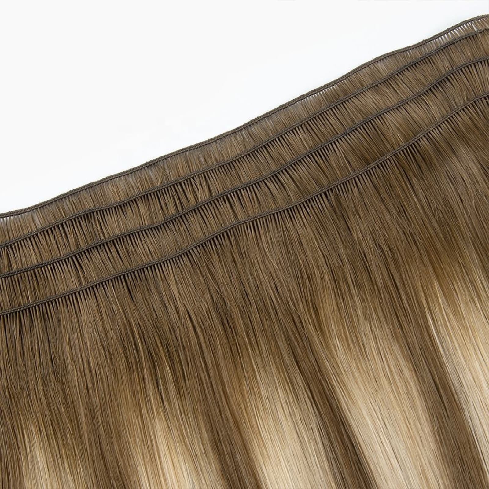 Hand-Tied Weft delicate sewn seam detail in ash brown and blonde human hair