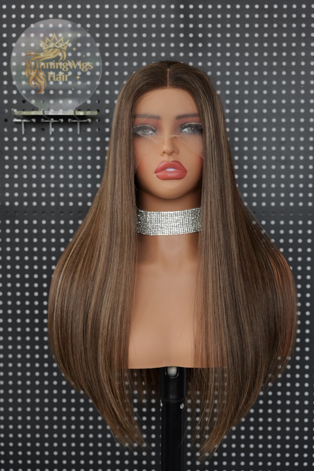 Ash brown HD lace top wig showing the center part and natural hairline detail