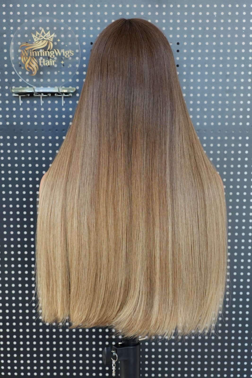 Long straight brown and blonde Invisible Hairline human hair wig in back view
