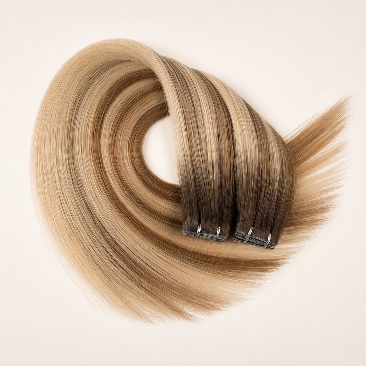 Blonde invisible tape-in human hair extensions in a curved product display