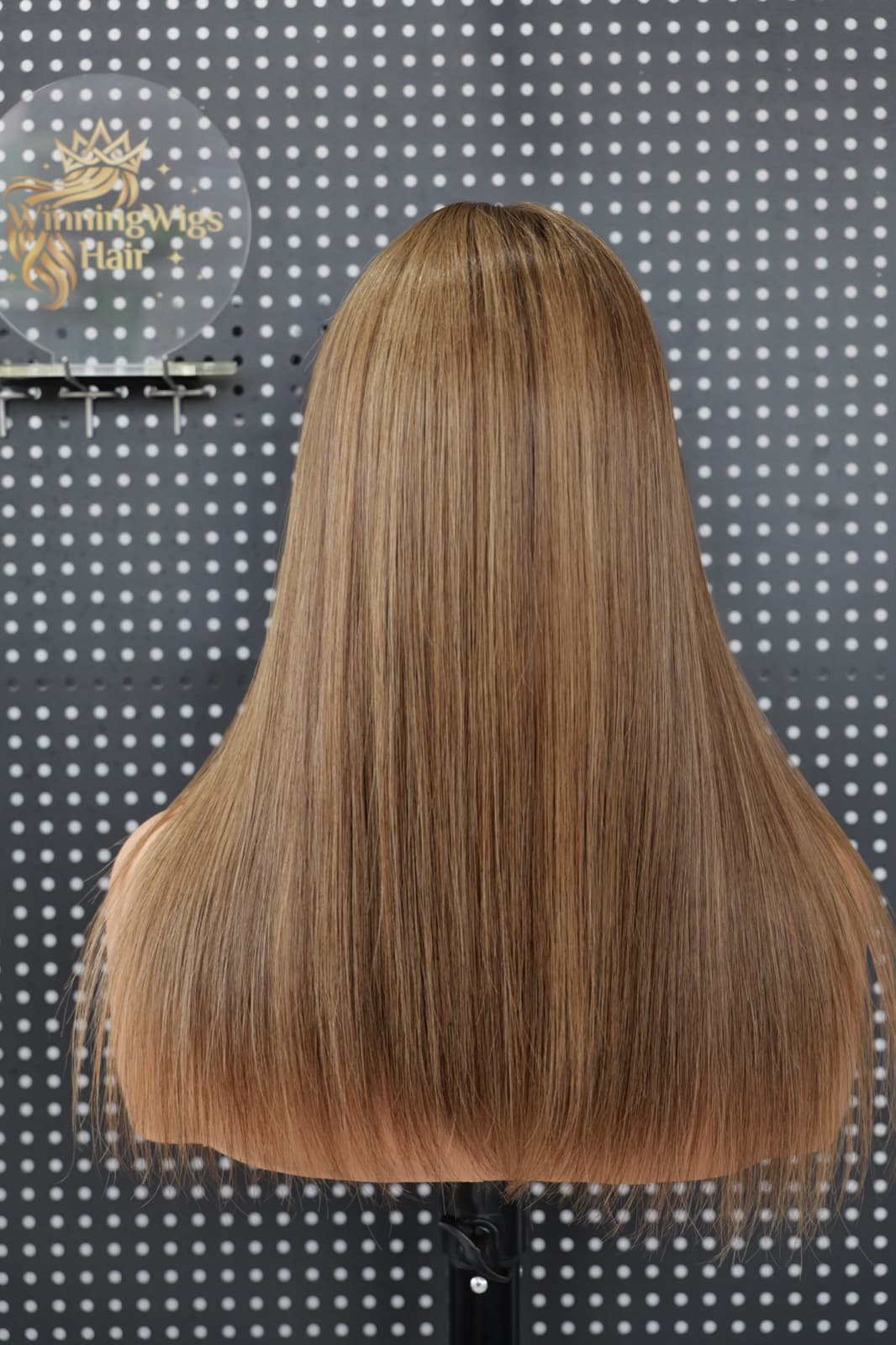 Brown and blonde lace front virgin human hair wig showing the full back length