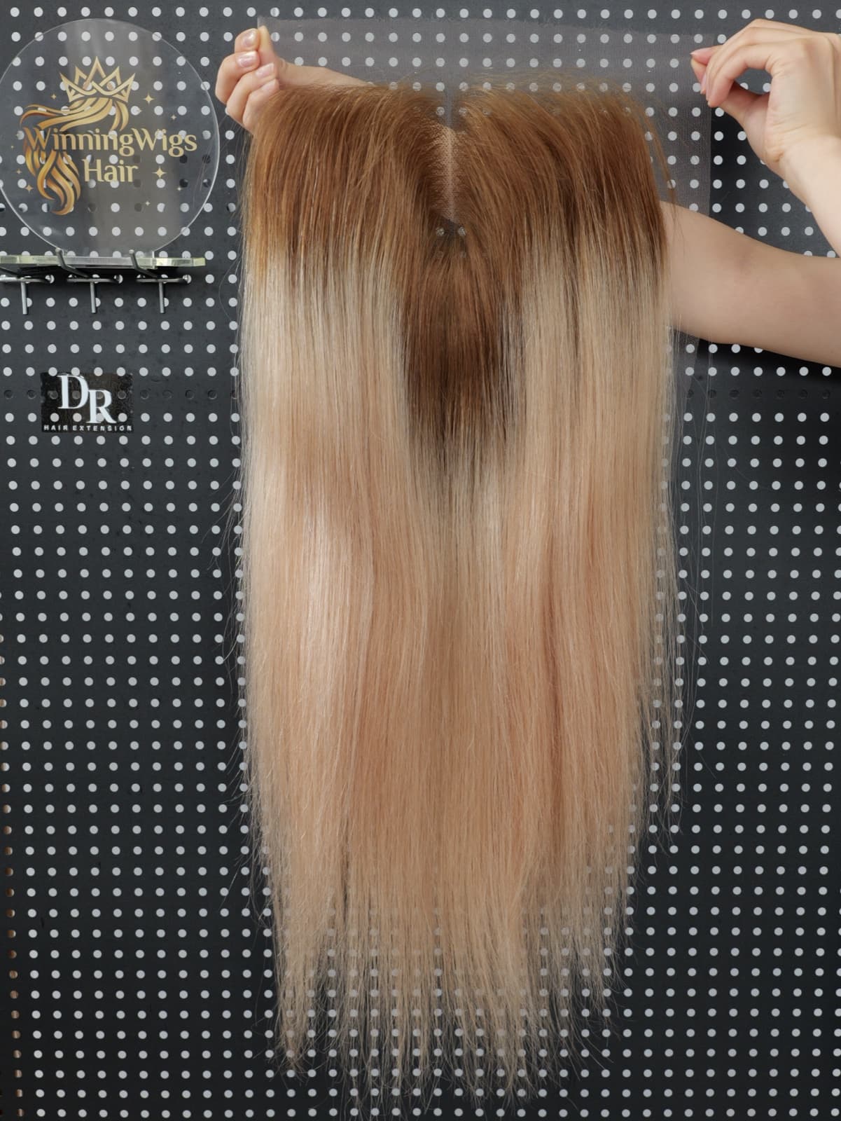 Blonde lace topper with transparent lace front shown in a full-length display