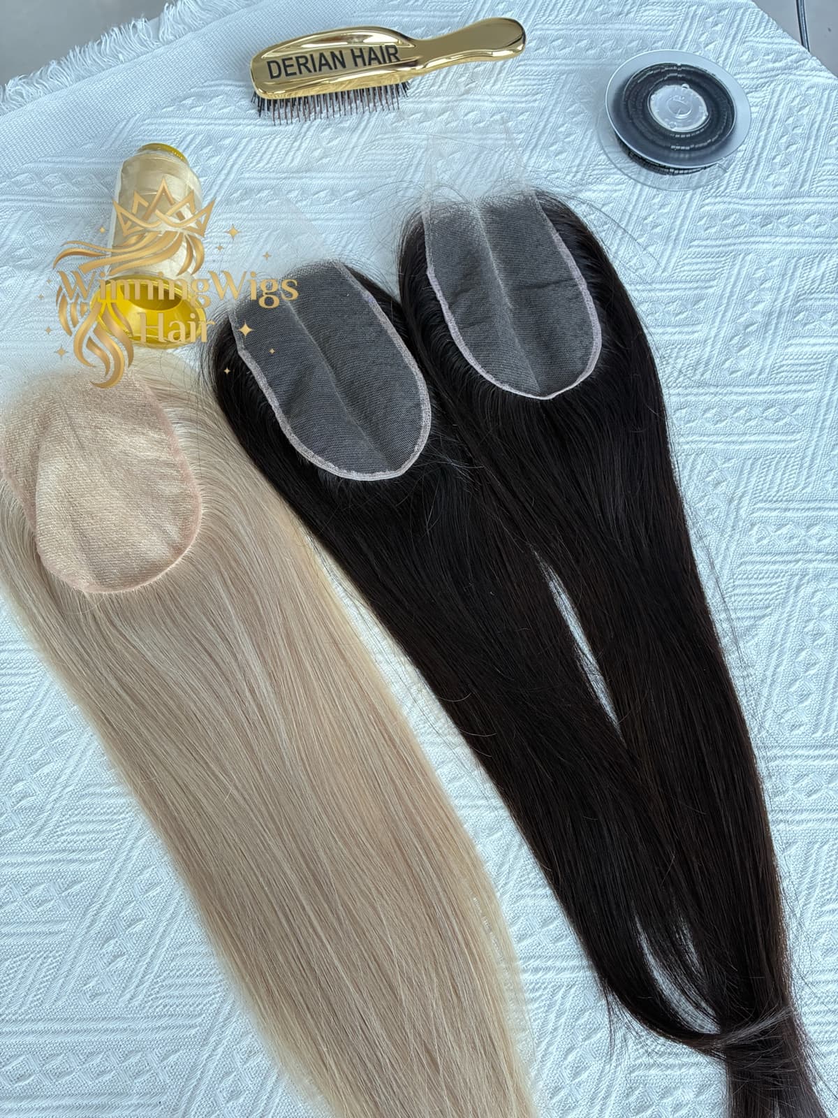 Lace topper collection with blonde and dark brown hair pieces and lace bases