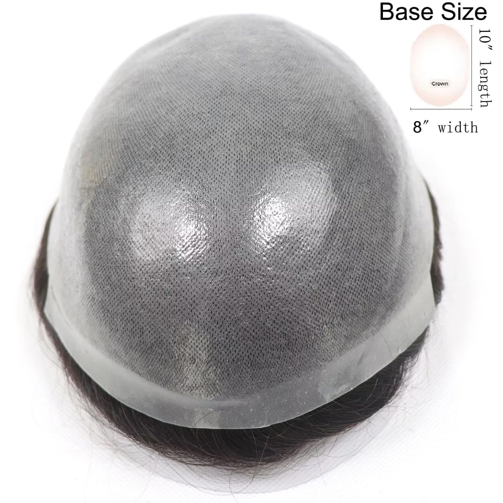 Men's hair system base size guide showing an 8 by 10 inch crown base