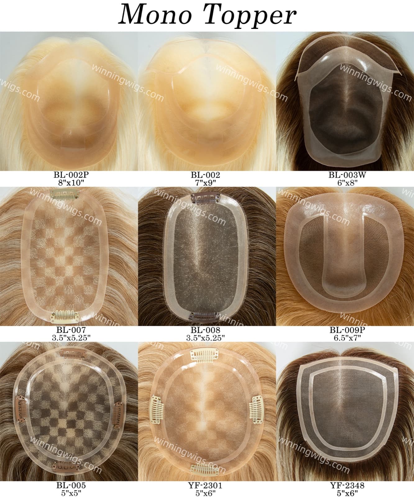 Mono topper base options chart showing different construction shapes and sizes