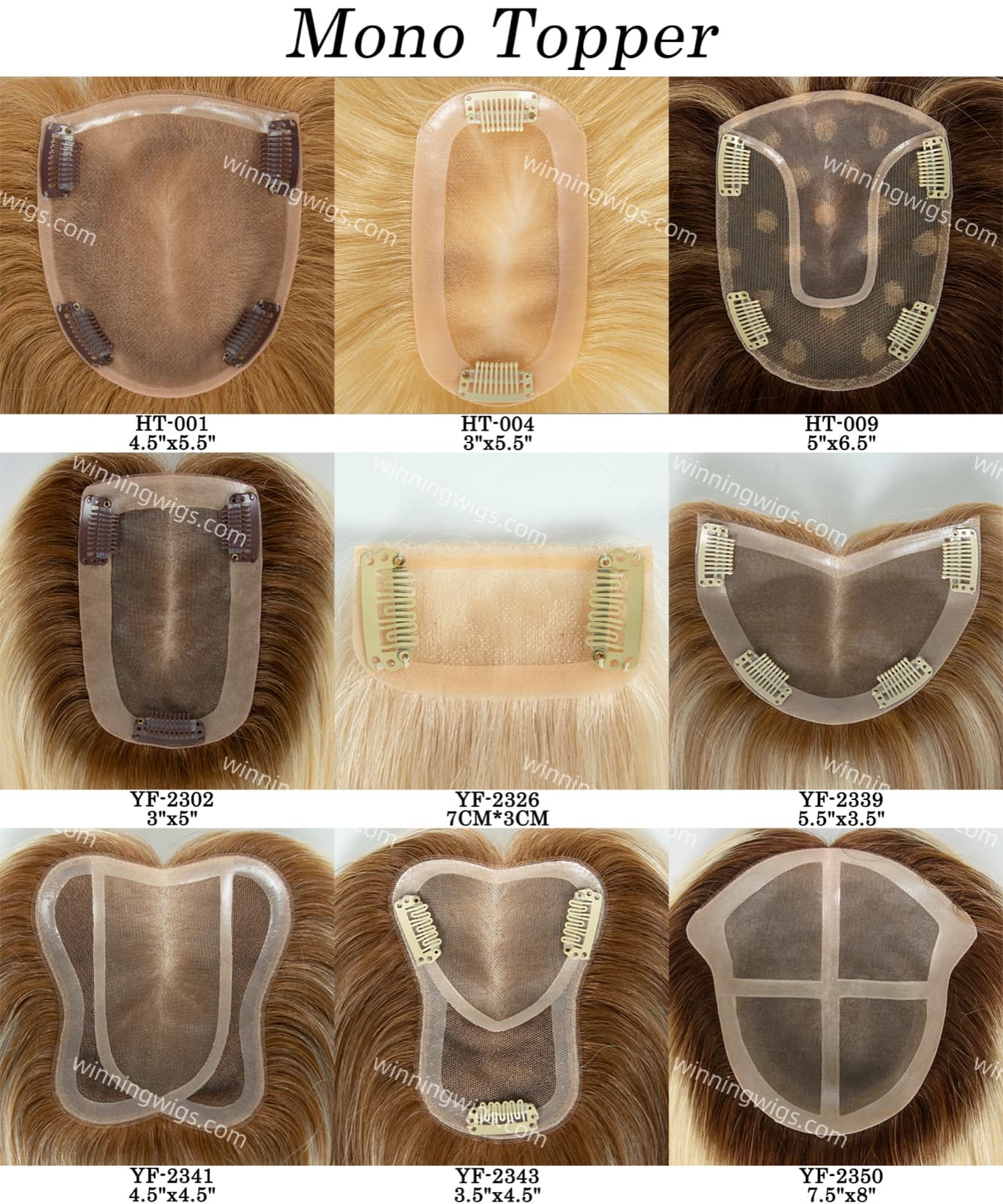 Mono topper base size chart showing clip configurations and available base shapes