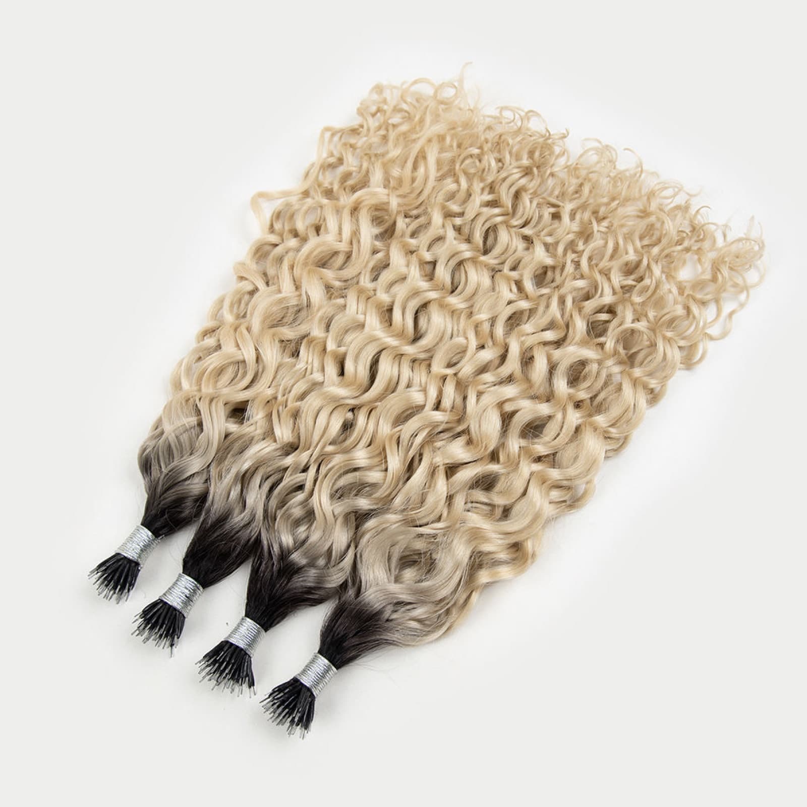 Curly blonde Nano Ring human hair extensions with metal loop attachments