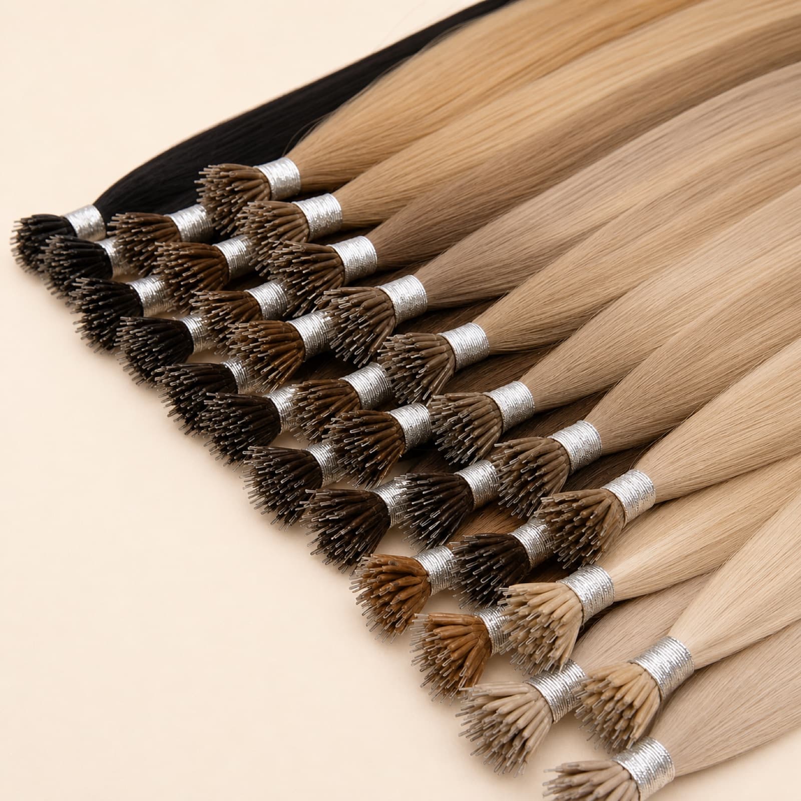 Nano Ring virgin human hair extensions with small metal loop attachments in a natural shade range