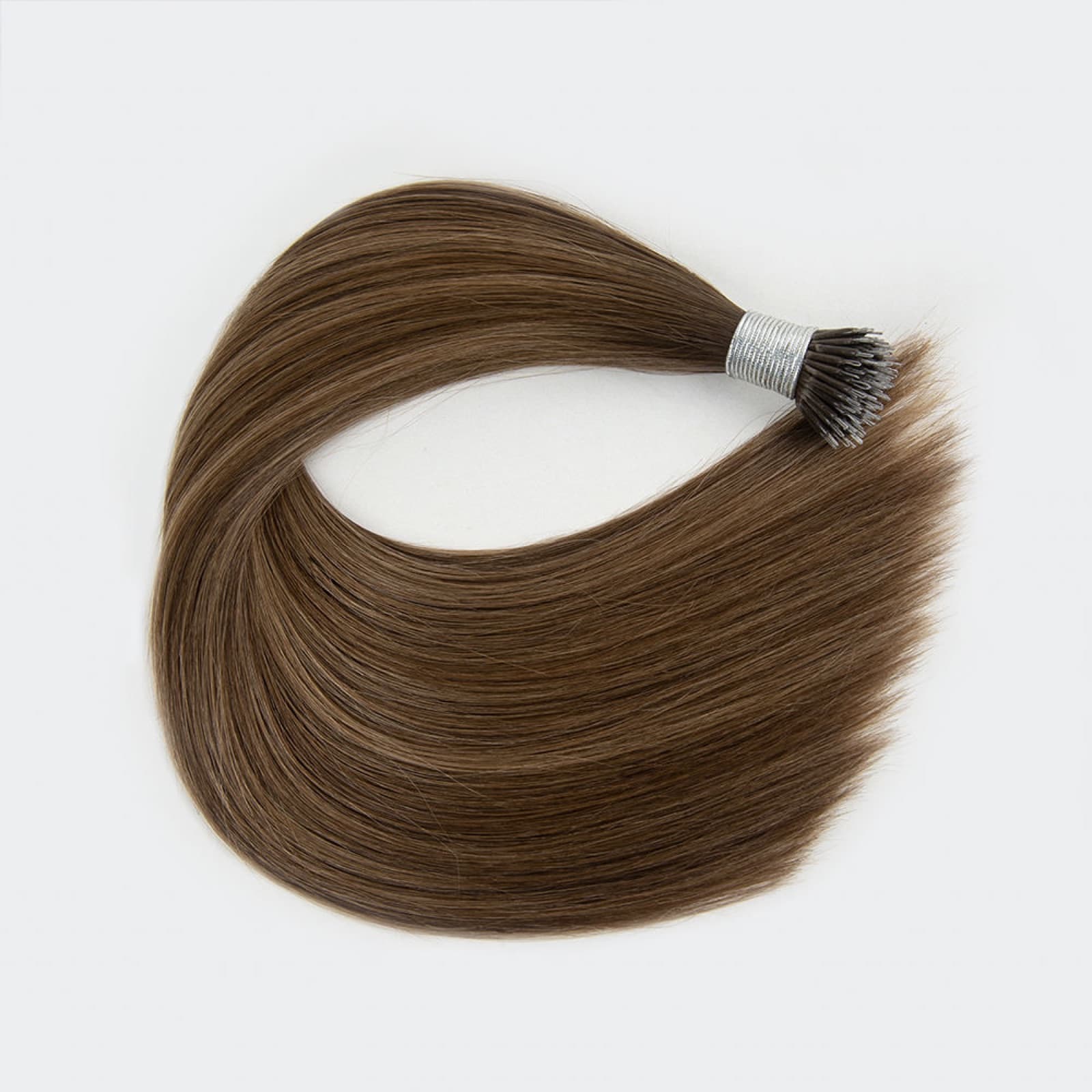 Straight brown Nano Ring human hair extension bundle with a metal loop attachment