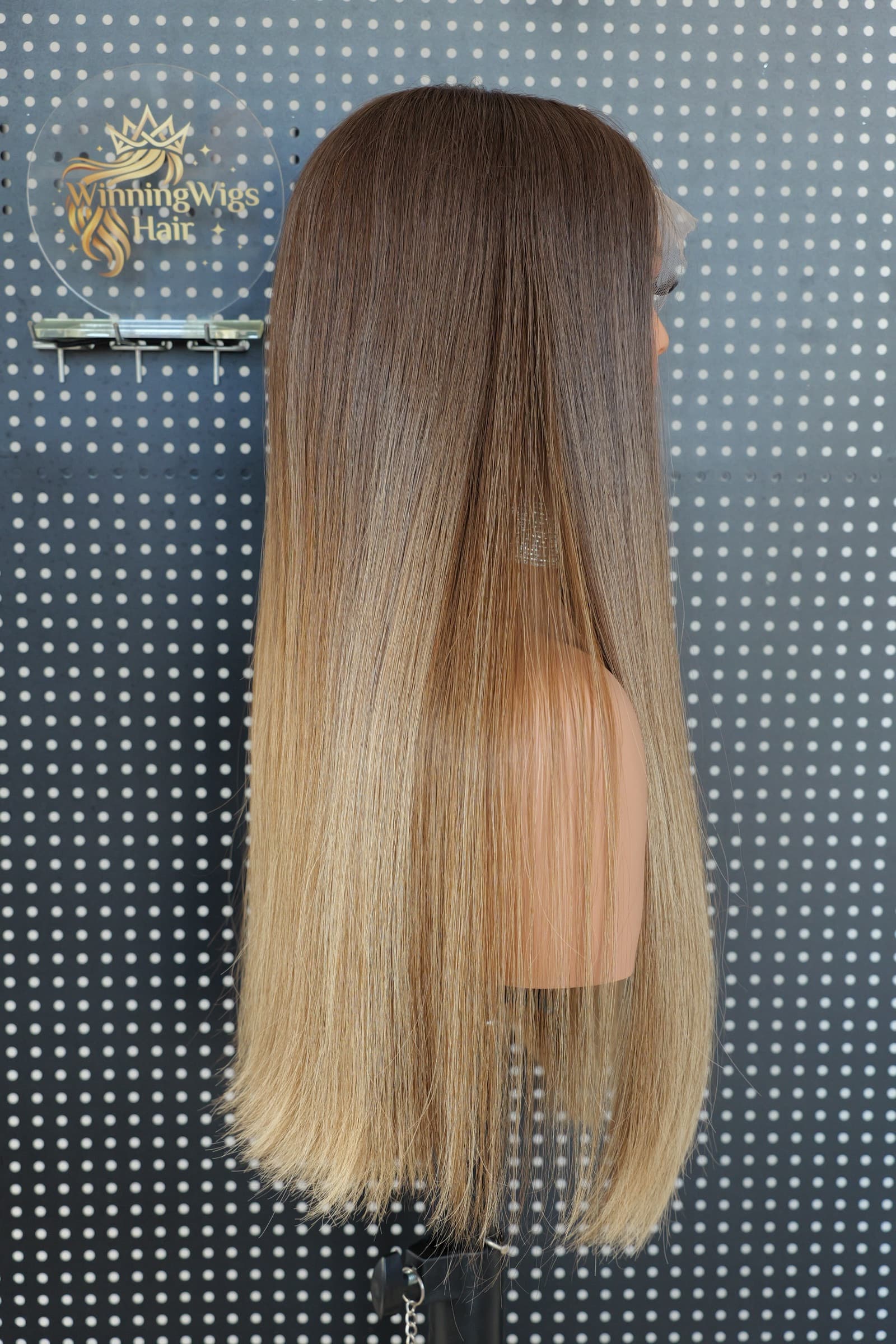 Brown-to-blonde Invisible Hairline human hair wig in side view