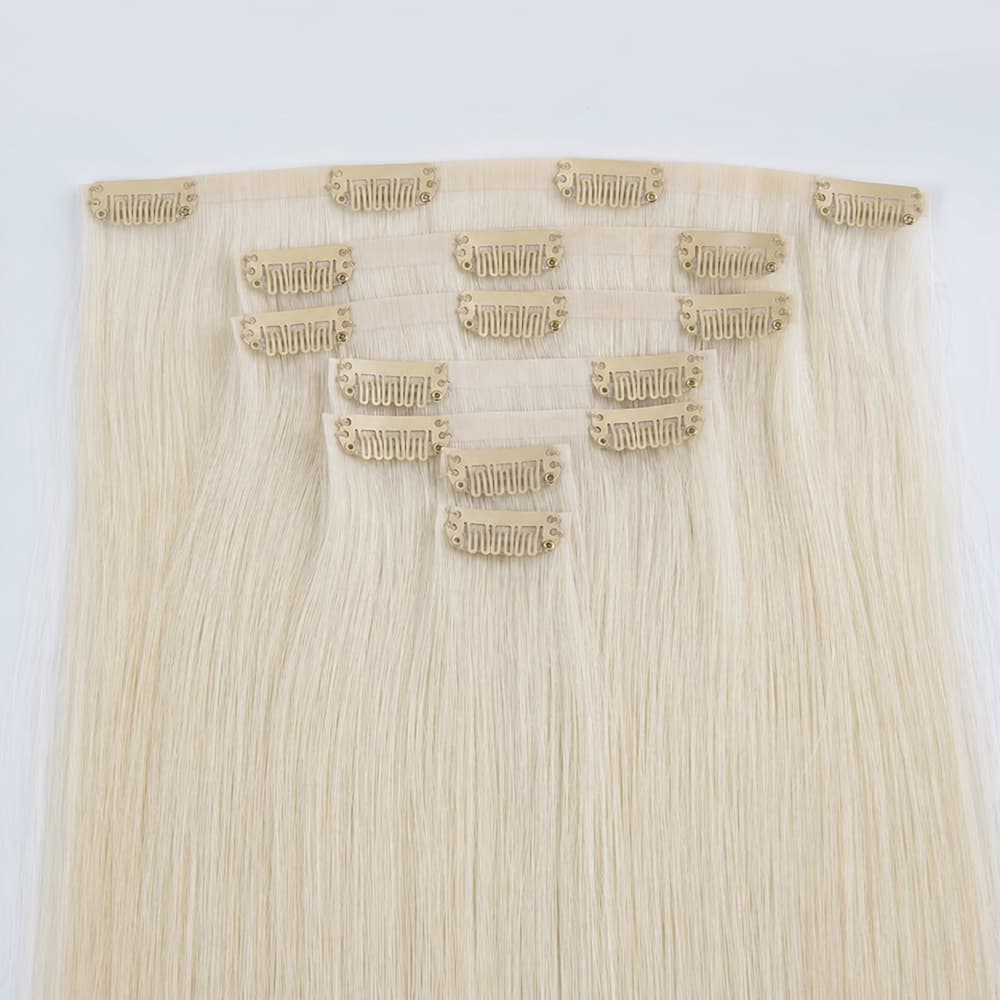 Light blonde PU Clip-In human hair extension full set with secure pressure clips