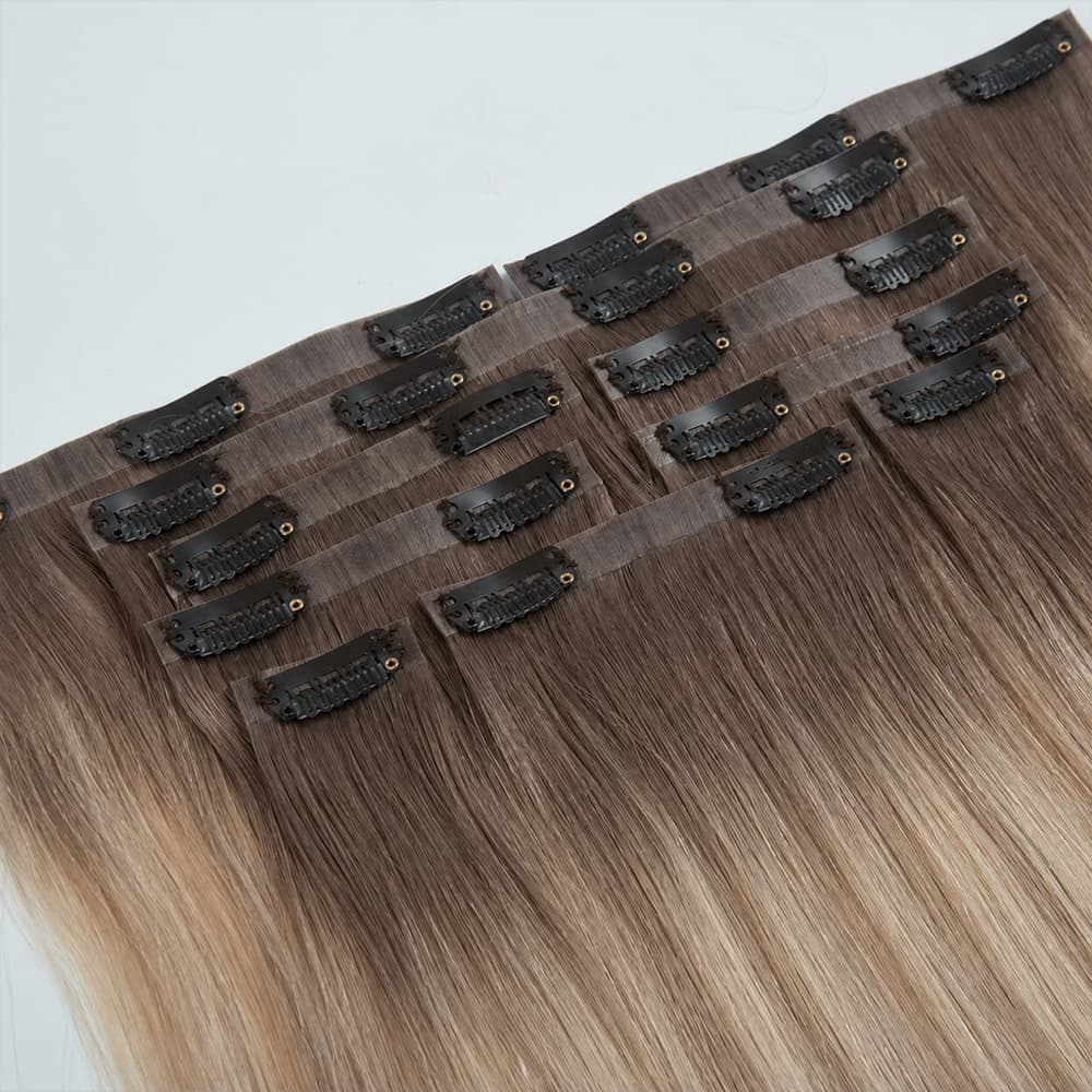 Brown PU Clip-In human hair extension full set showing clip placement and polyurethane backing