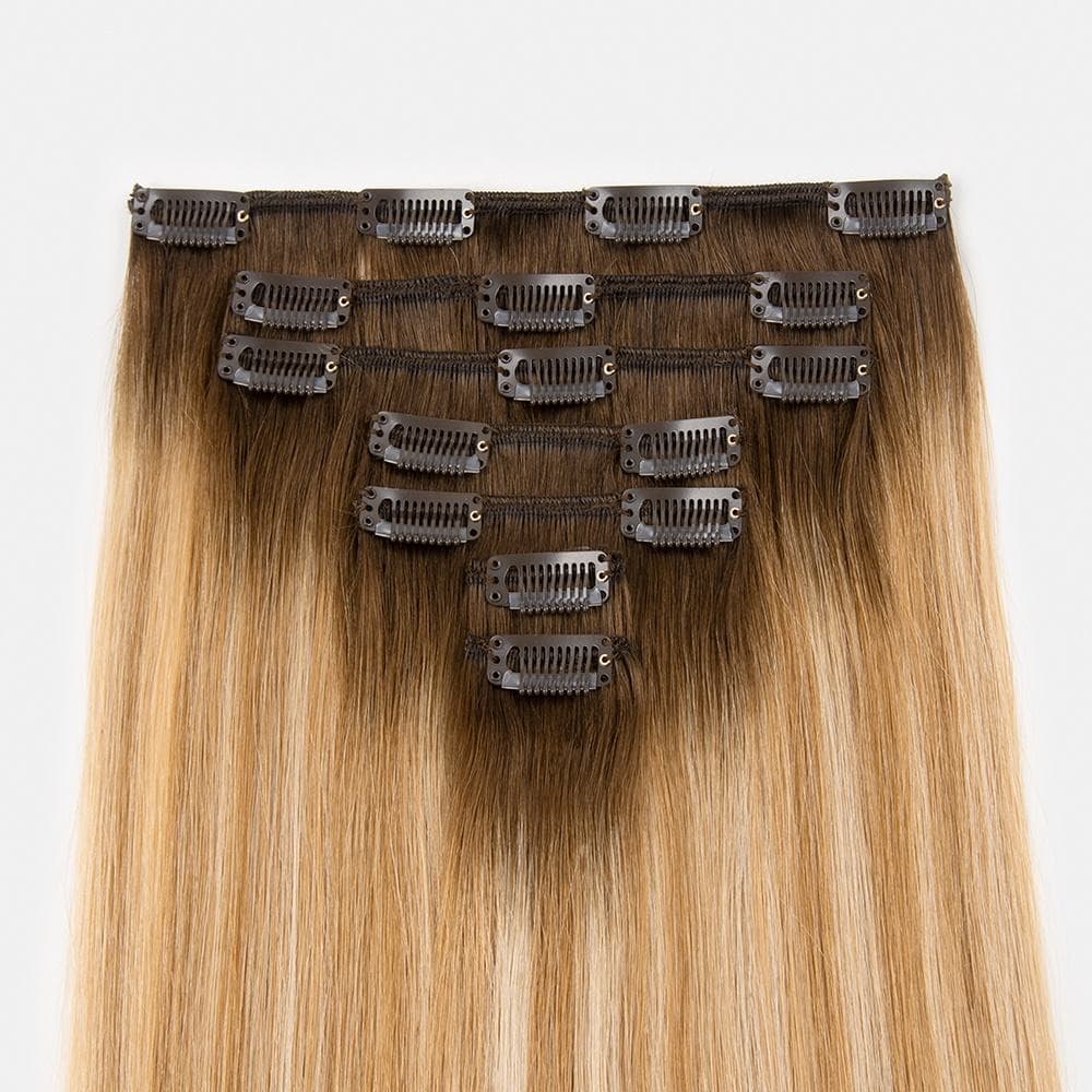 Brown and blonde Regular Clip-In human hair extensions showing the back clip set