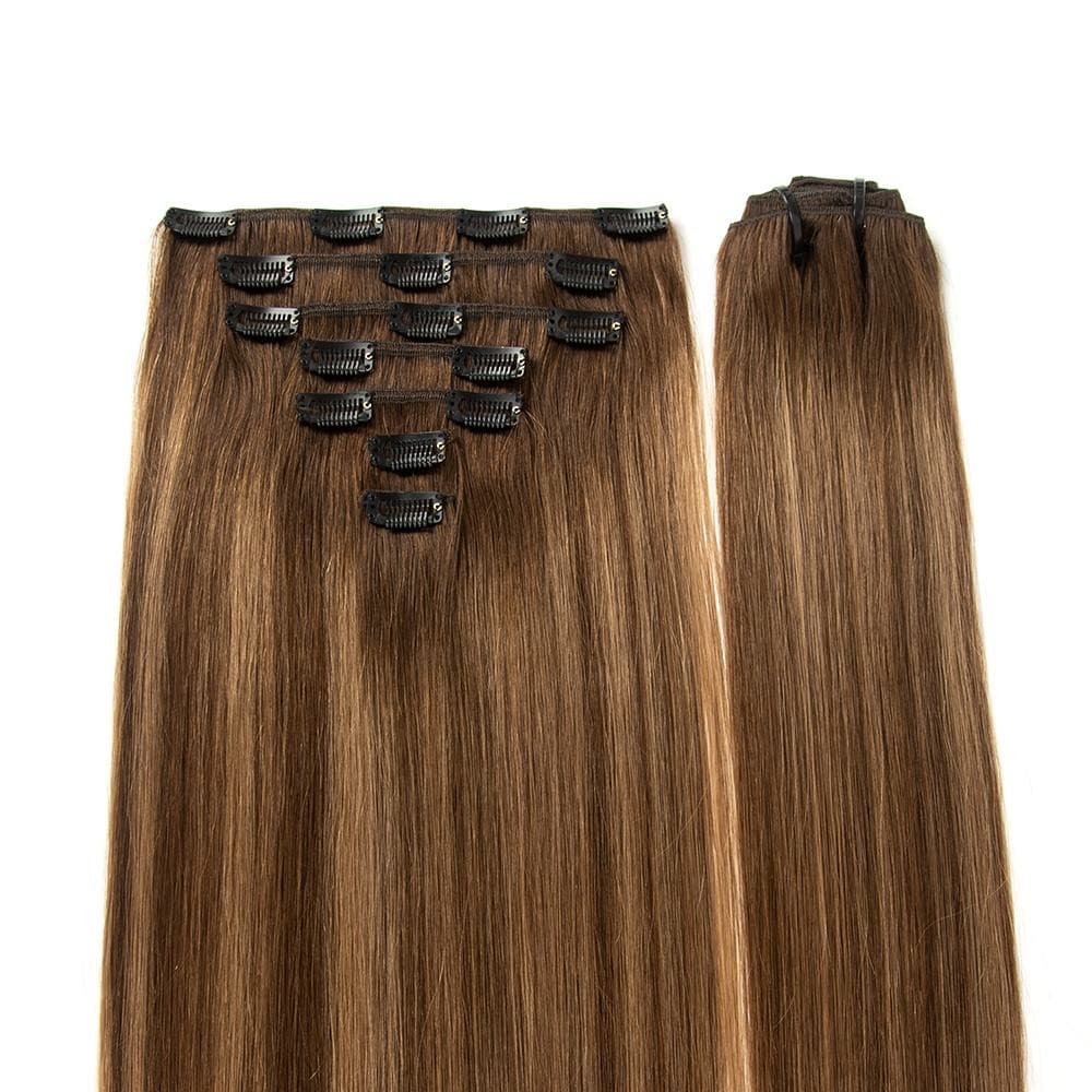 Brown Regular Clip-In human hair extension set showing front and back construction