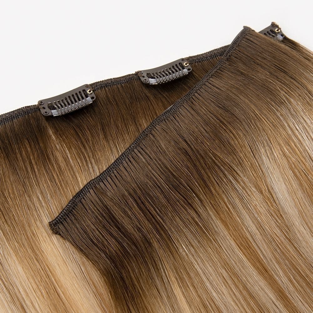 Brown and blonde Regular Clip-In human hair extensions with overlapping reinforced wefts