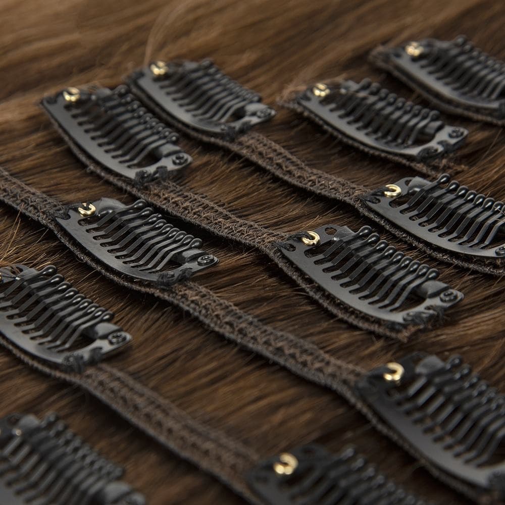 Close-up of Regular Clip-In human hair extension pressure clips and reinforced seams