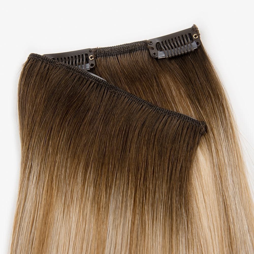 Brown Regular Clip-In human hair extensions showing reinforced weft construction
