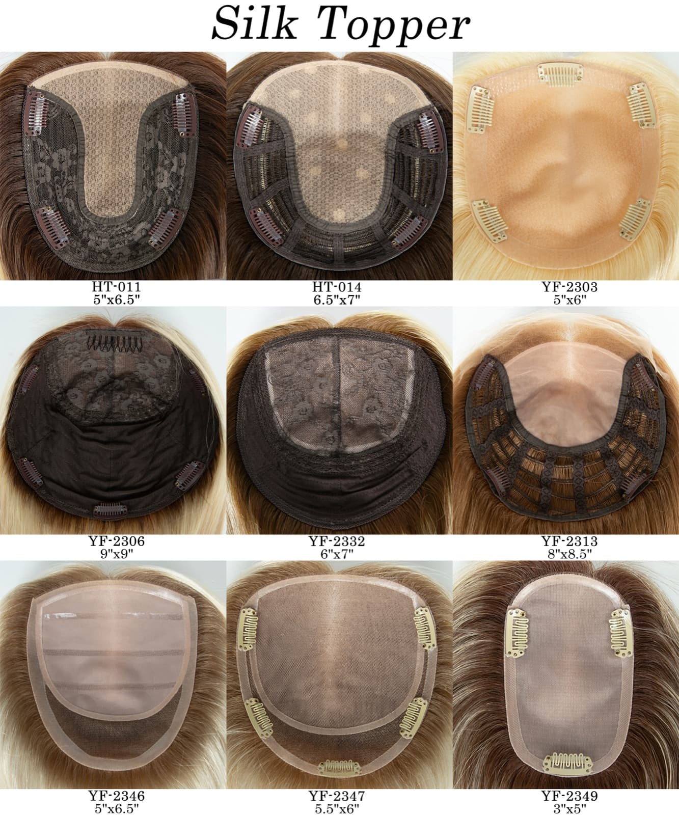 Silk topper base options chart showing different cap constructions and sizes
