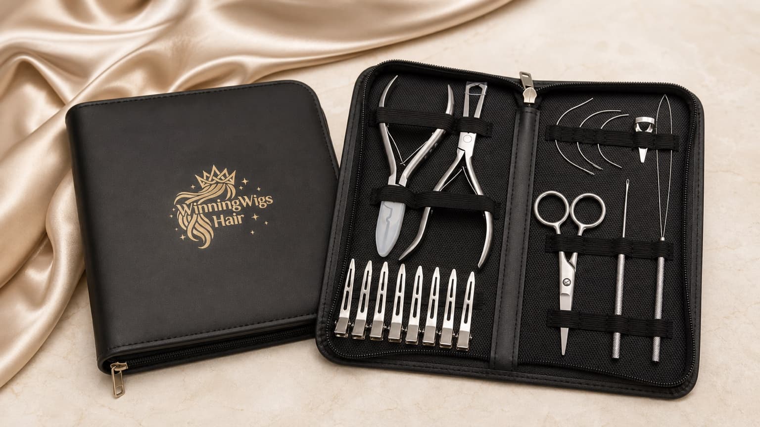WinningWigs branded professional hair tool kit with champagne-gold logo printing