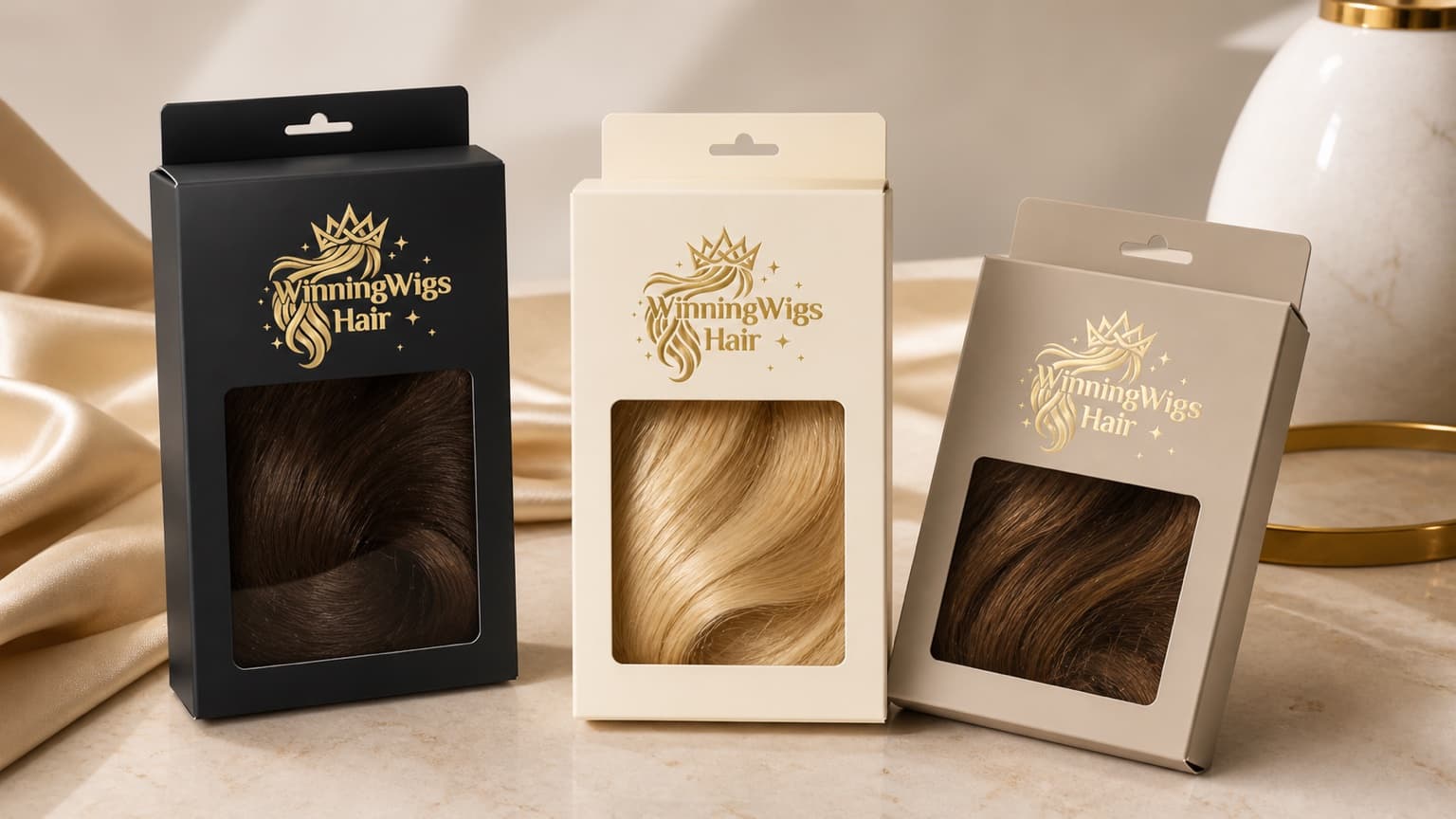 WinningWigs custom human hair product boxes with champagne-gold logo printing and clear display windows