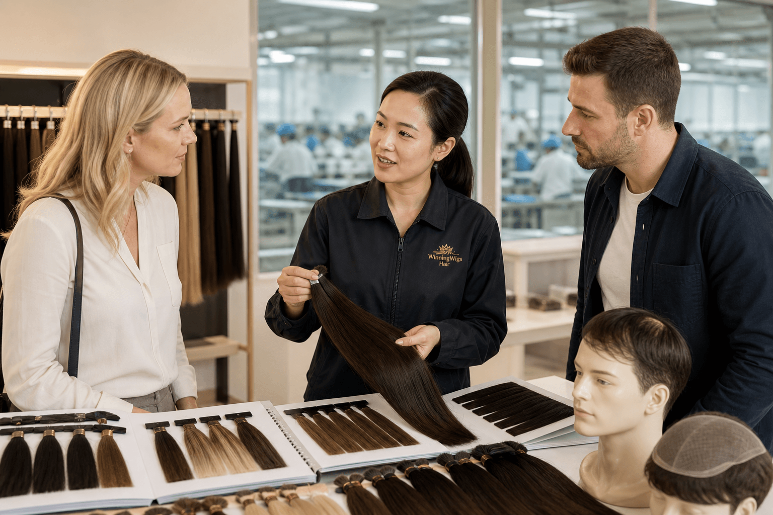WinningWigs representative showing hair samples during a factory visit