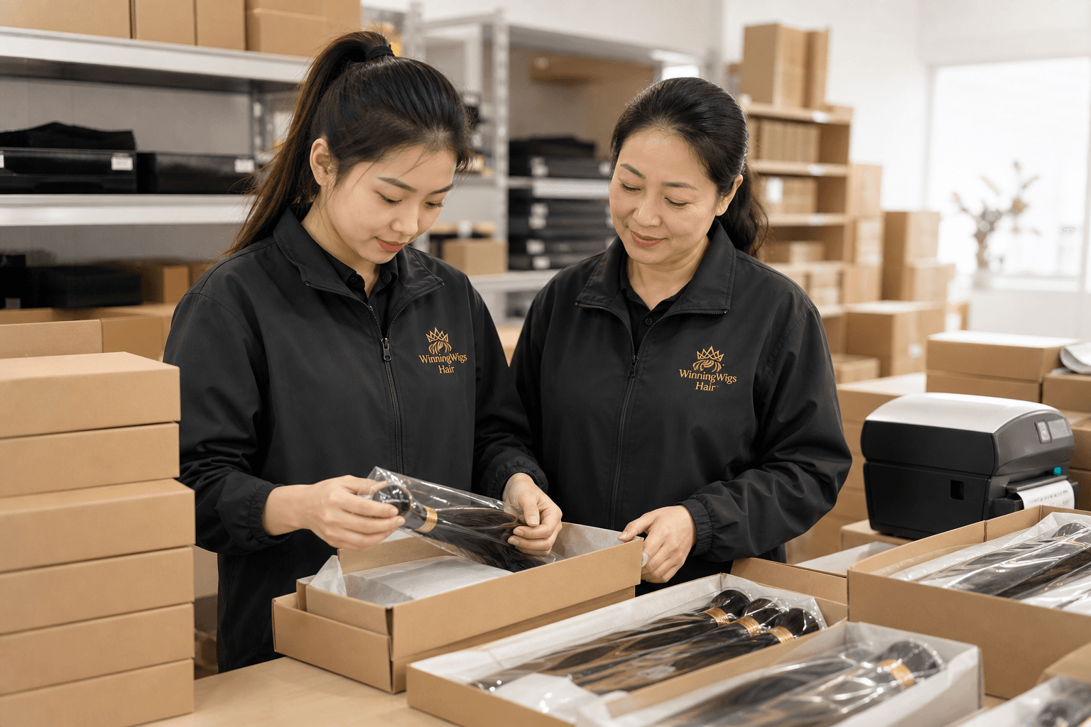 WinningWigs employees packing hair extensions for shipment