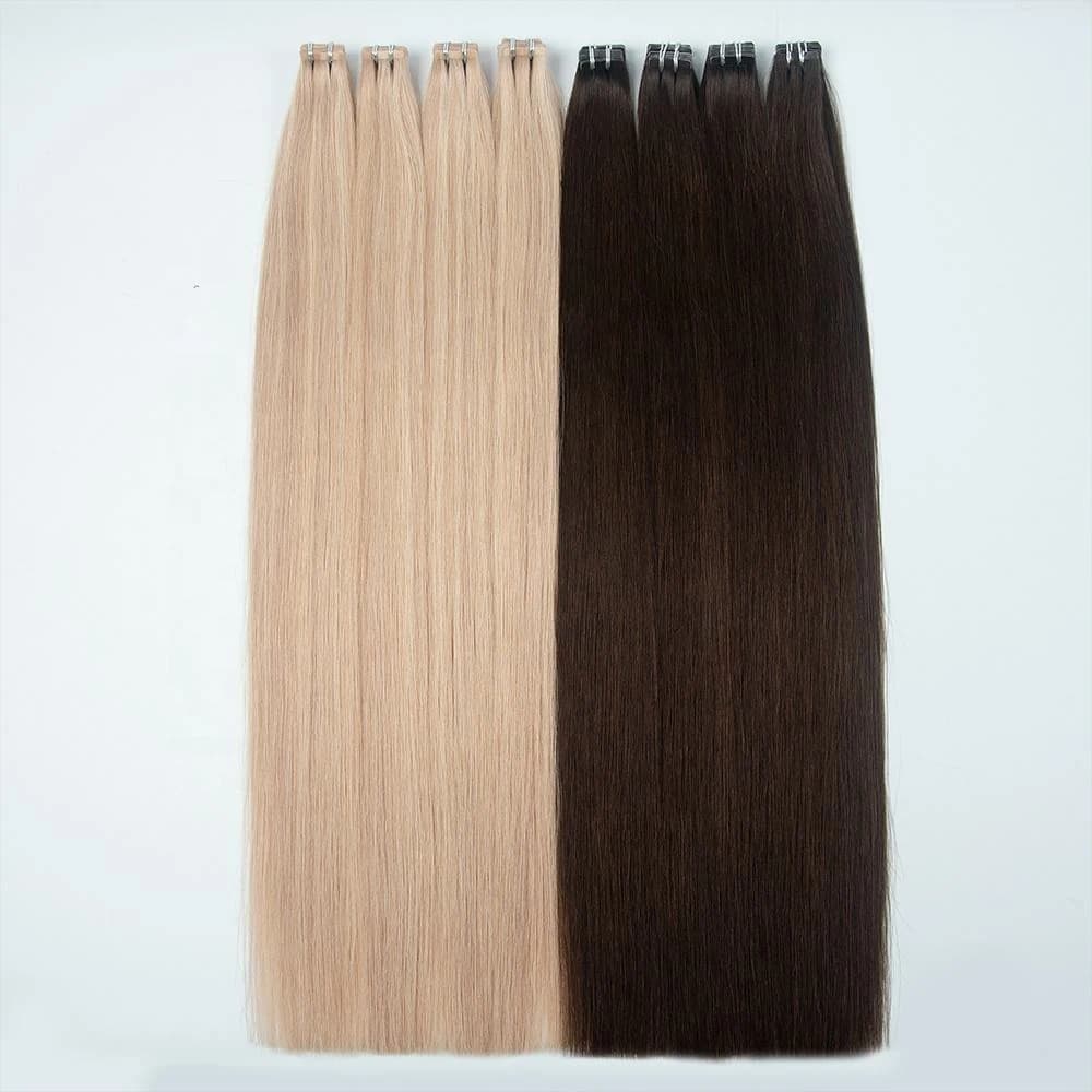 Blonde and dark brown straight tape-in hair extensions displayed side by side at full length