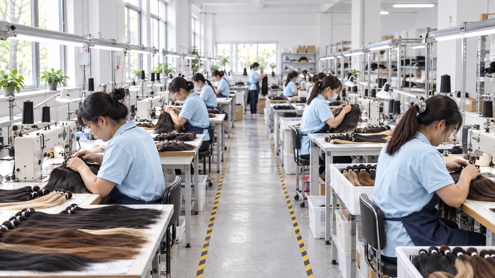Technicians assembling human hair extensions in a production workshop