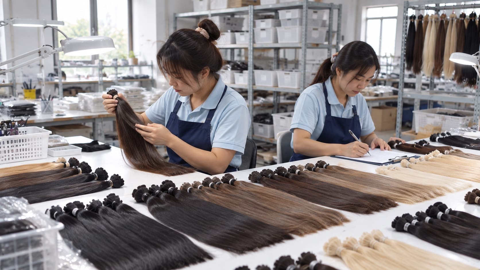 WinningWigs technicians reviewing human hair extension shades in the workshop