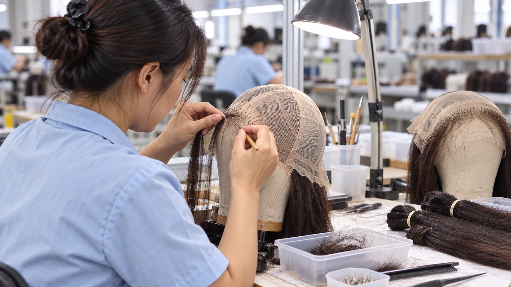 WinningWigs technician hand ventilating a lace wig cap