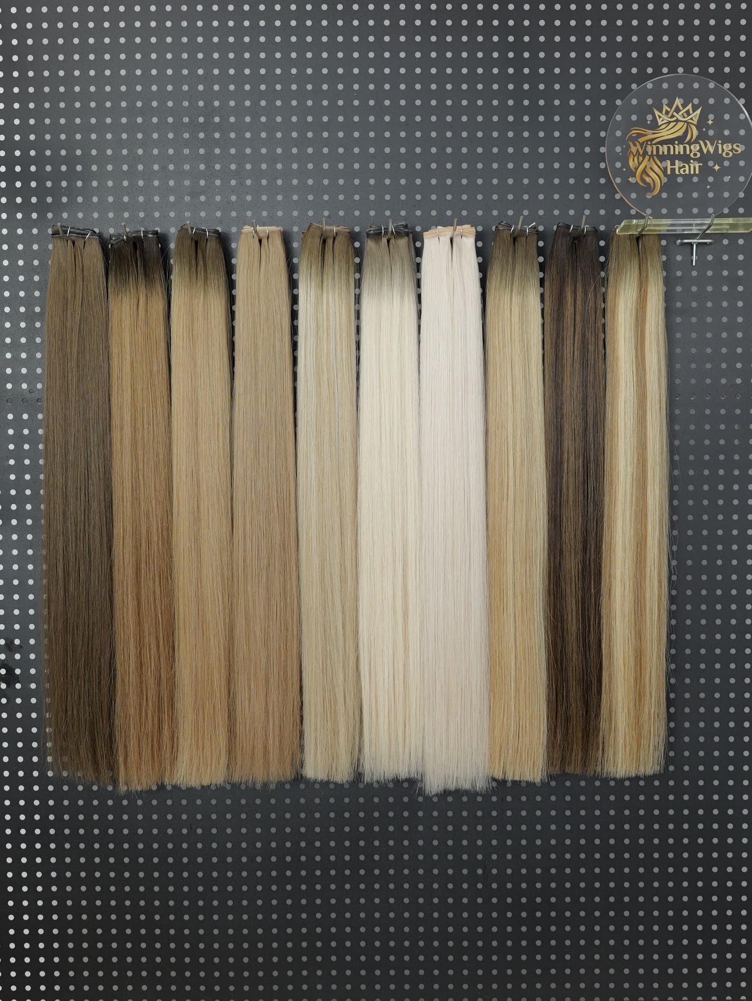 Human hair extension shade samples arranged for product identification and daily-care planning