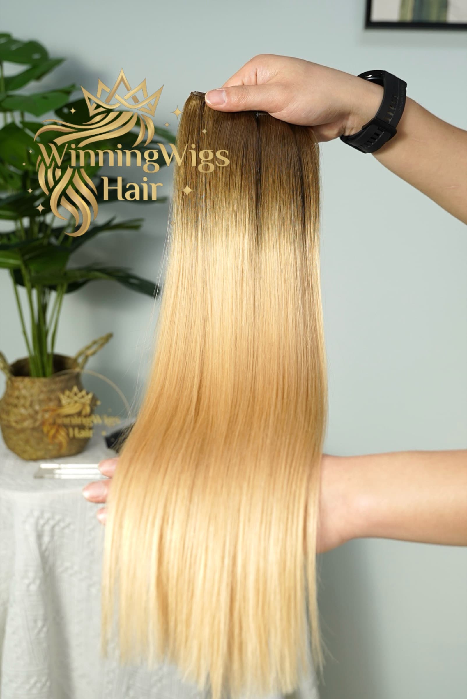 Long straight blonde Genius Weft human hair extension bundle