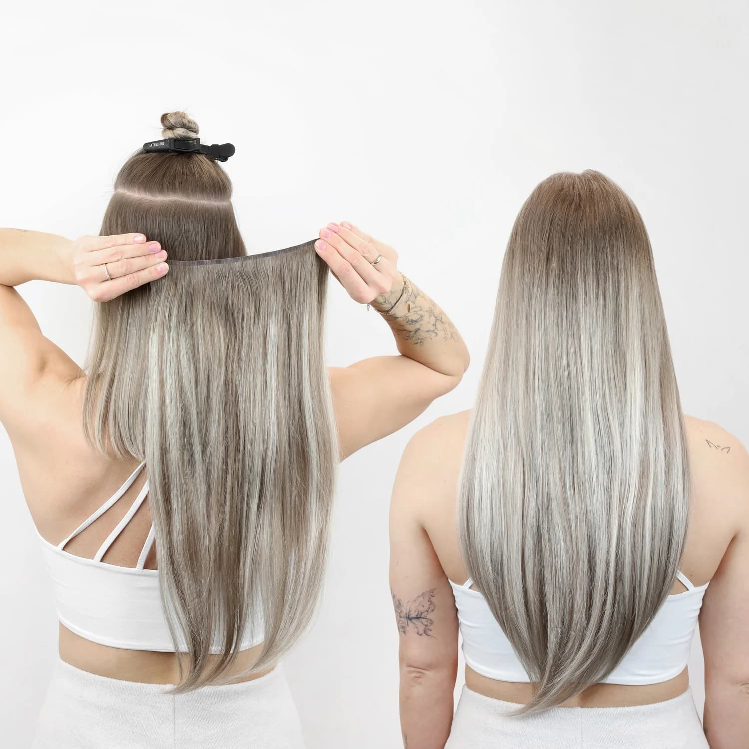 Rear views of ash-blonde hair, with a hair extension weft held against sectioned hair on the left