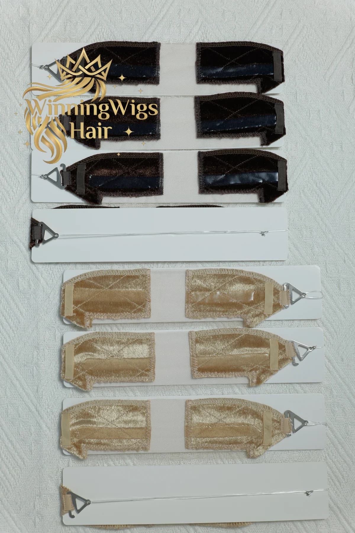 Dark brown and nude velvet lace topper grip bands with silicone and clear monofilament lines